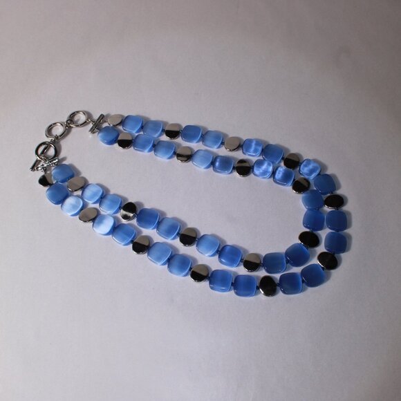 Multi-Strand Square Blue Moonstone Necklace with Silver Square Beads - Picture 5 of 5